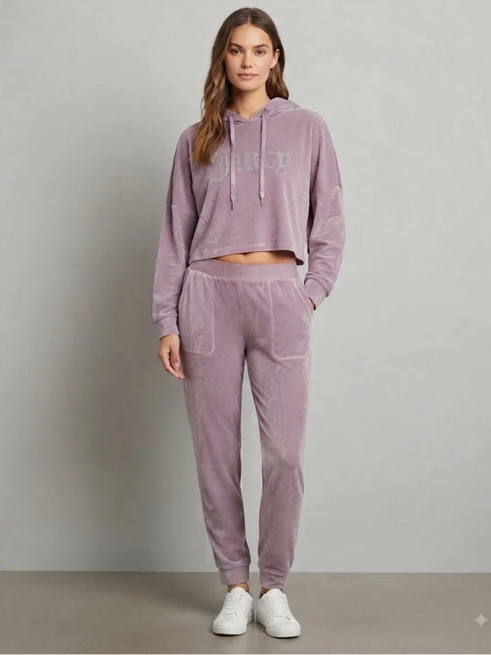 Juicy Couture Velour Crop Hoodie Pants Set Womens L Mauve Y2K Athleisure Sparkle